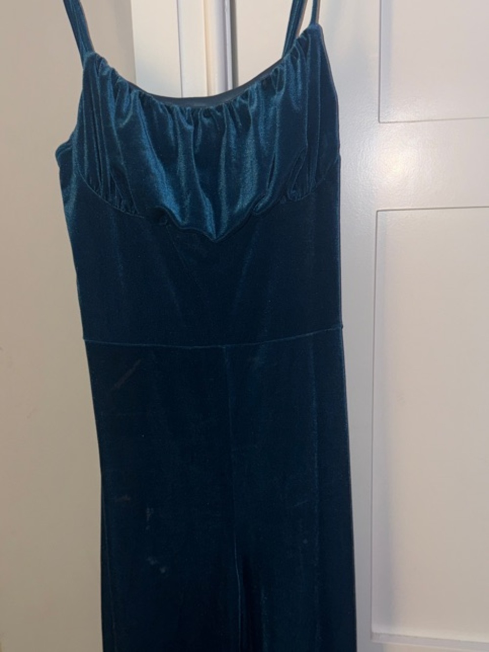 Satin-Trim Teal Velvet Jumpsuit with Spaghetti Straps